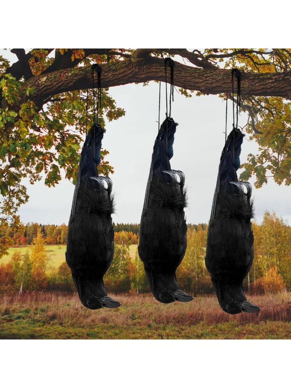 Realistic Hanging Dead Crows Decoy - Life Size Black Feathered Garden Decor